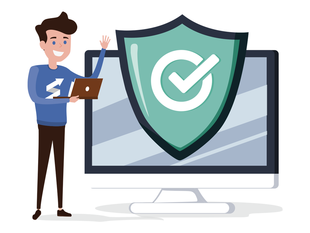 Un bonhomme content présentant une solution de sécurité
